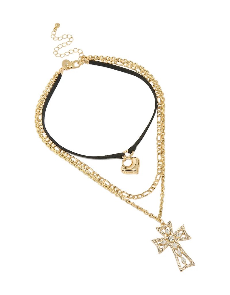 Gold Diamante Cross & Cord Layered Necklace