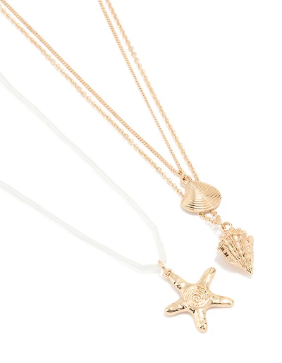 Gold Beaded Sea Star & Sea Charm Layered Necklace Set
