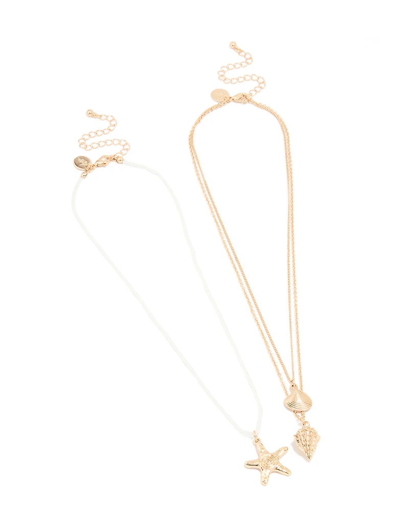 Gold Beaded Sea Star & Sea Charm Layered Necklace Set