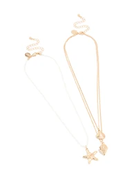 Gold Beaded Sea Star & Sea Charm Layered Necklace Set