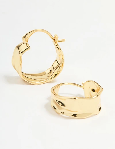 Gold Plated Brass Medium Molten Hoop Earrings