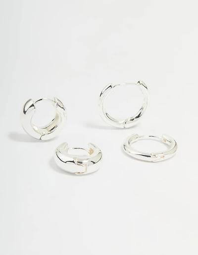 Silver Plated Brass Small & Medium Huggie Earrings 2-Pack