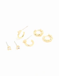 Gold Plated Brass Cubic Zirconia Small Stud & Huggie Earrings 3-Pack