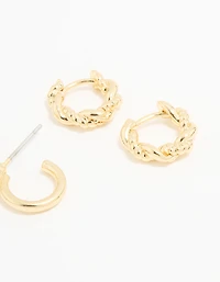 Gold Plated Brass Cubic Zirconia Small Stud & Huggie Earrings 3-Pack