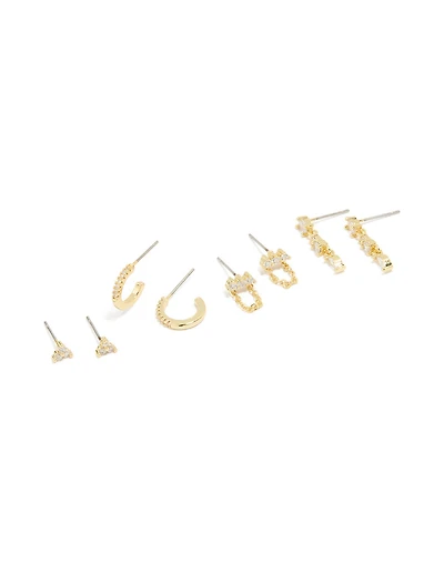 Gold Plated Brass Cubic Zirconia Chain & Stud Earrings 4-Pack