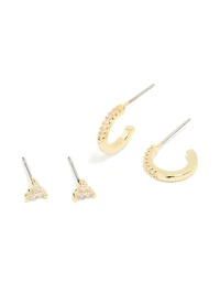 Gold Plated Brass Cubic Zirconia Chain & Stud Earrings 4-Pack