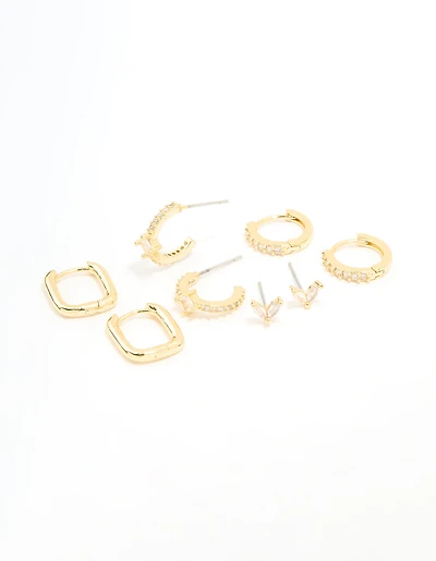 Gold Plated Brass Cubic Zirconia & Plain Rectangle Earrings 4-Pack