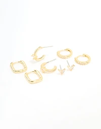 Gold Plated Brass Cubic Zirconia & Plain Rectangle Earrings 4-Pack