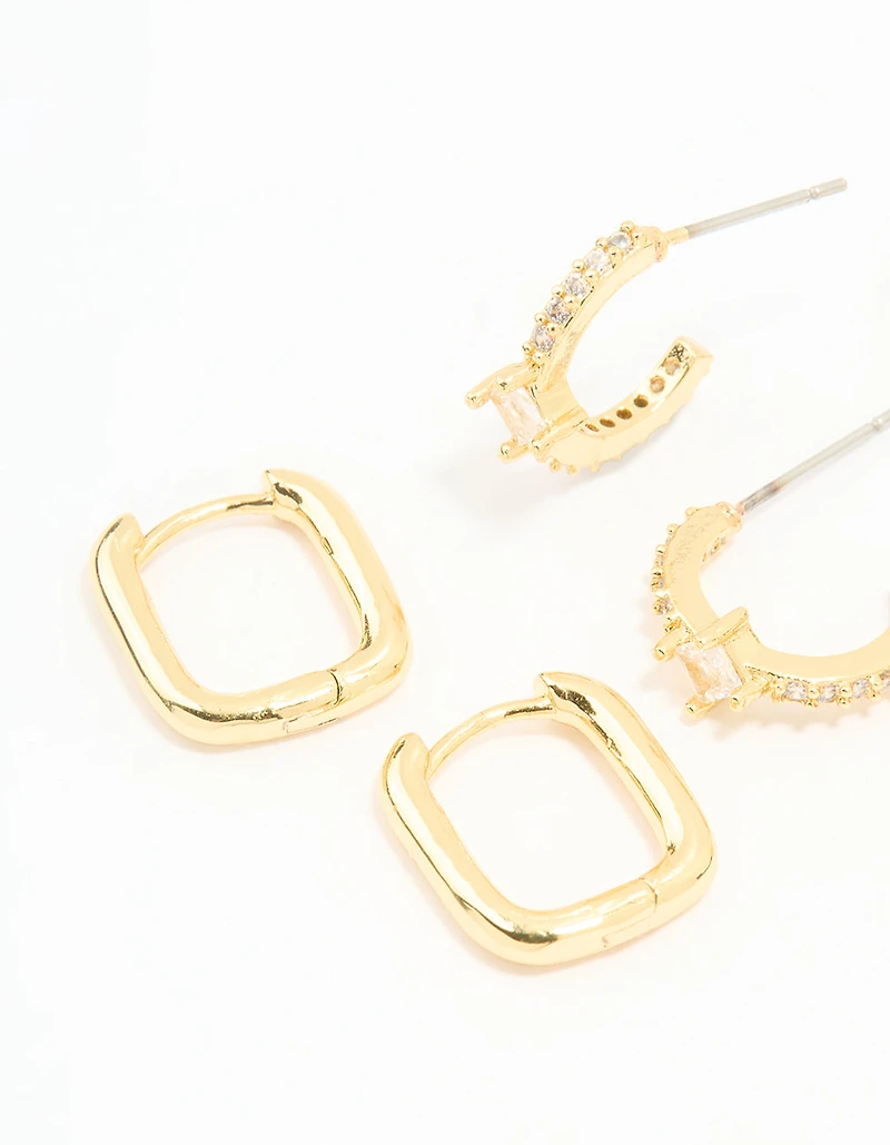 Gold Plated Brass Cubic Zirconia & Plain Rectangle Earrings 4-Pack