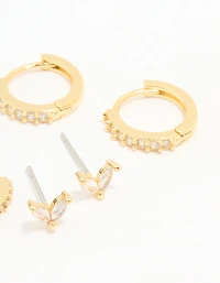 Gold Plated Brass Cubic Zirconia & Plain Rectangle Earrings 4-Pack