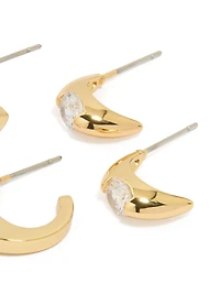 Gold Plated Brass Cubic Zirconia Inlay Stud & Huggie Earrings 3-Pack