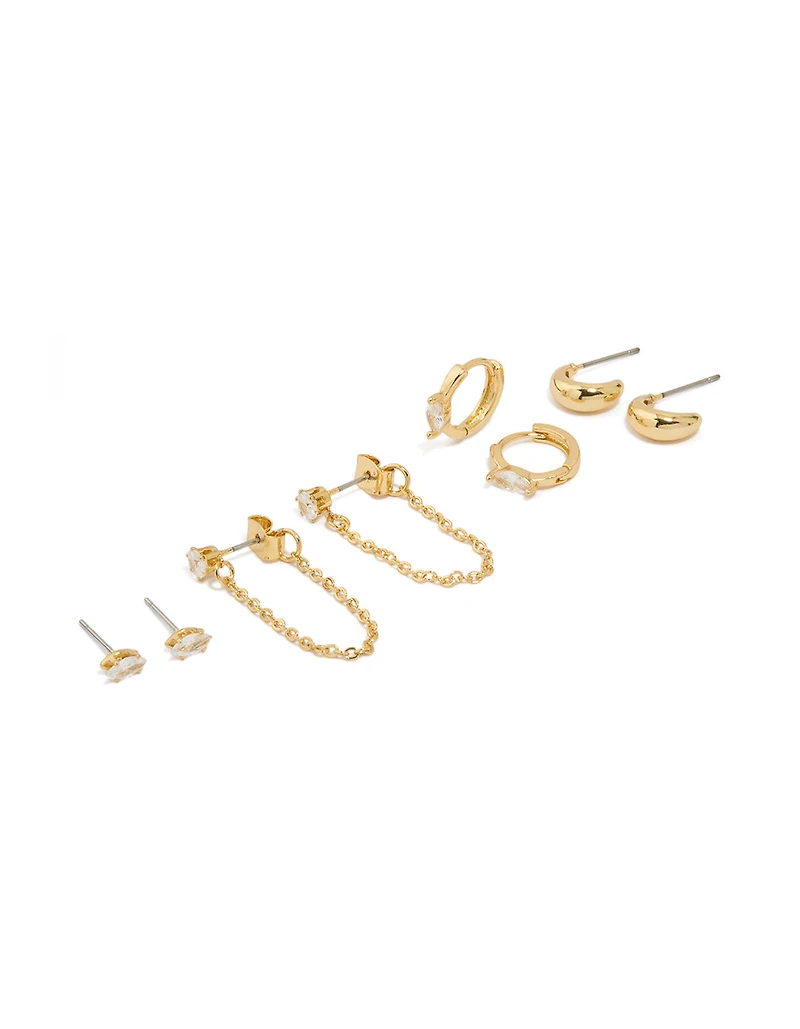 Gold Plated Brass Cubic Zirconia Oval Chain & Huggie Earrings 4-Pack