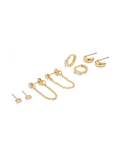 Gold Plated Brass Cubic Zirconia Oval Chain & Huggie Earrings 4-Pack