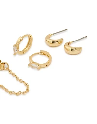 Gold Plated Brass Cubic Zirconia Oval Chain & Huggie Earrings 4-Pack