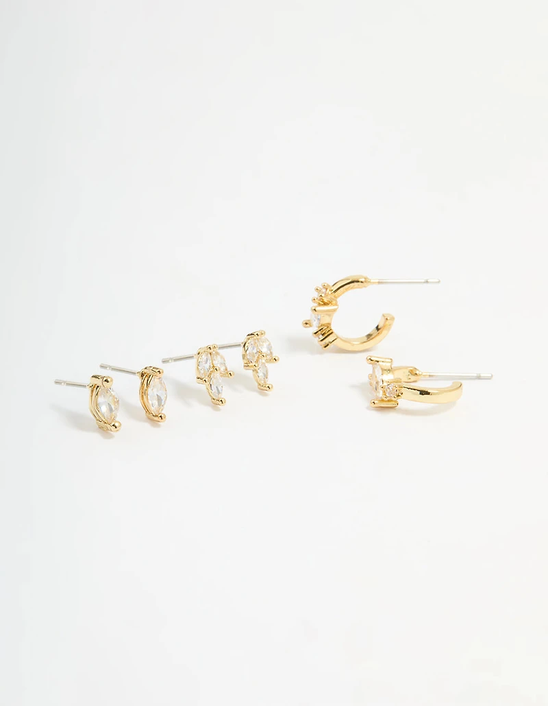 Gold Plated Brass Cubic Zirconia Vine Earrings 3-Pack
