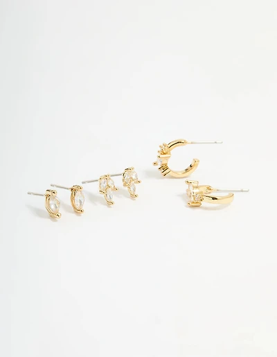 Gold Plated Brass Cubic Zirconia Vine Earrings 3-Pack