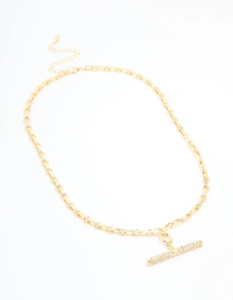 Gold Plated Diamante T-Bar Chain Necklace