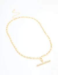Gold Plated Diamante T-Bar Chain Necklace