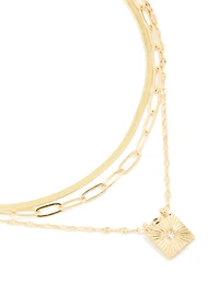 Gold Plated Square Diamante & Snake Chain Layered Necklace
