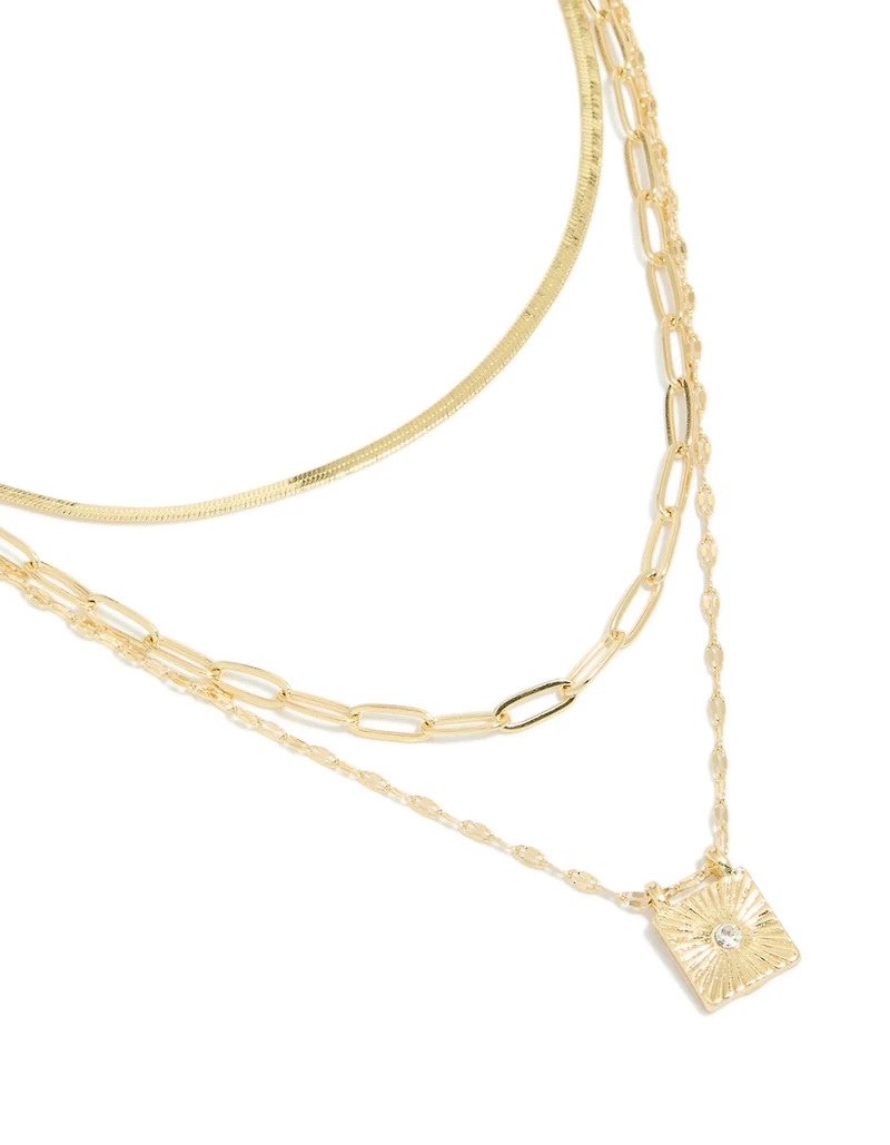 Gold Plated Square Diamante & Snake Chain Layered Necklace