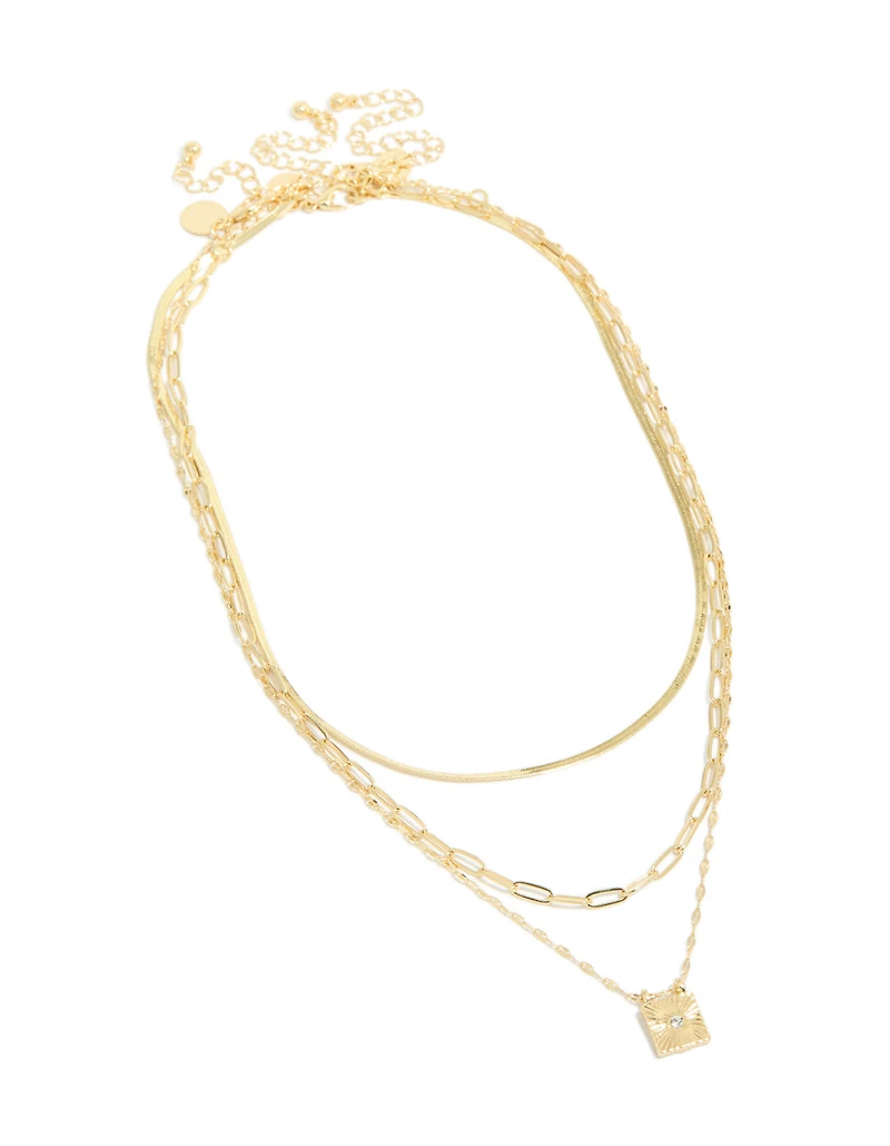 Gold Plated Square Diamante & Snake Chain Layered Necklace
