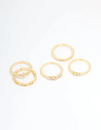 Gold Plated Diamante Rings 5-Pack