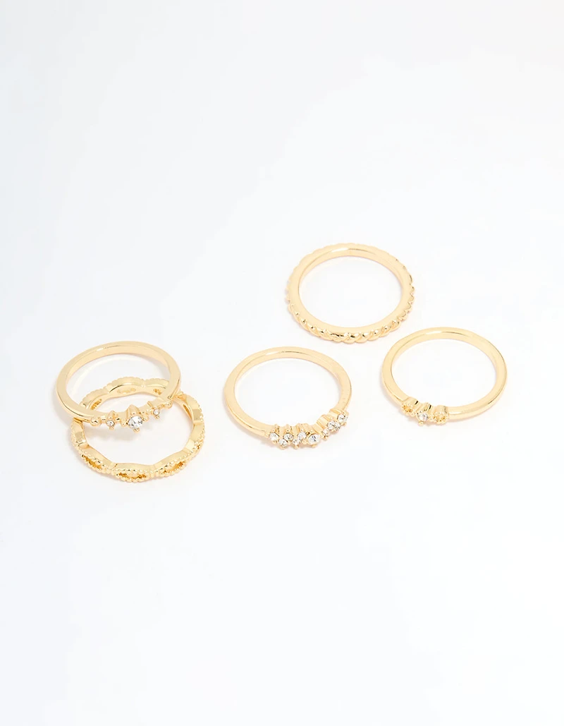 Gold Plated Diamante Rings 5-Pack