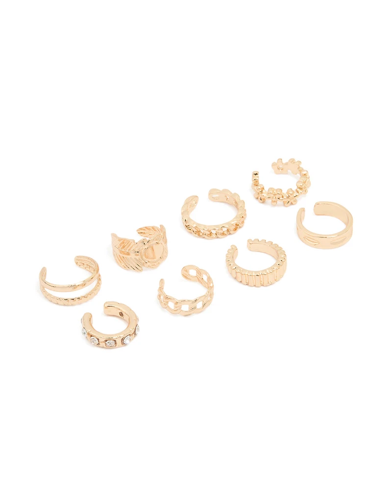 Gold Plated Thin Mixed Ear Cuffs 8-Pack