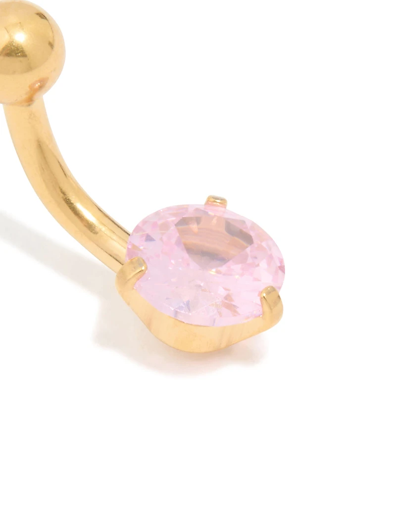 Gold Plated Surgical Steel Pink Cubic Zirconia Belly Bar