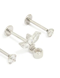 Surgical Steel Cubic Zirconia Drop Threadless Flat Back Studs 3-Pack