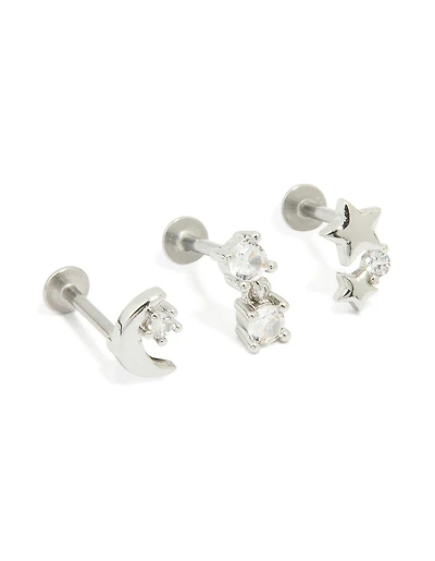Surgical Steel Cubic Zirconia Mixed Threadless Flat Back Studs 3-Pack