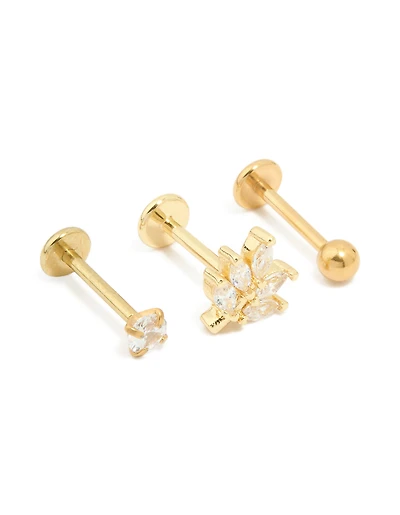 Gold Plated Surgical Steel Cubic Zirconia Threadless Flat Back Studs 3-Pack