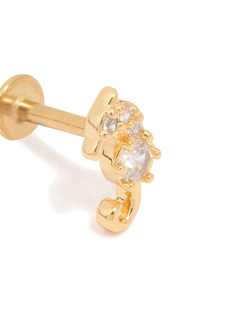 Gold Plated Surgical Steel Cubic Zirconia Seahorse Flat Back Stud