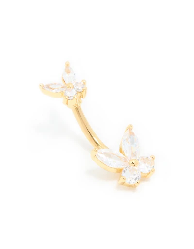 Gold Plated Surgical Steel Cubic Zirconia Double Butterfly Belly Bar