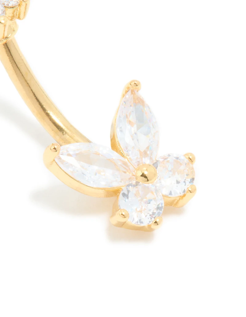 Gold Plated Surgical Steel Cubic Zirconia Double Butterfly Belly Bar