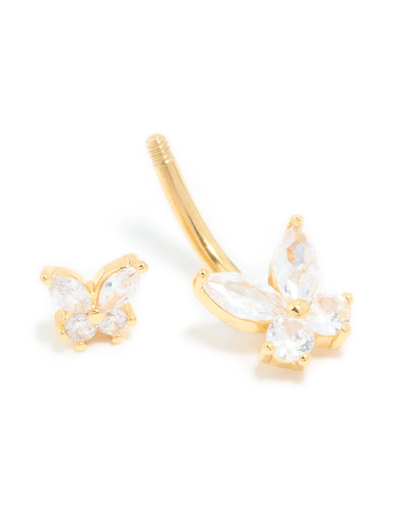Gold Plated Surgical Steel Cubic Zirconia Double Butterfly Belly Bar