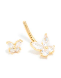 Gold Plated Surgical Steel Cubic Zirconia Double Butterfly Belly Bar