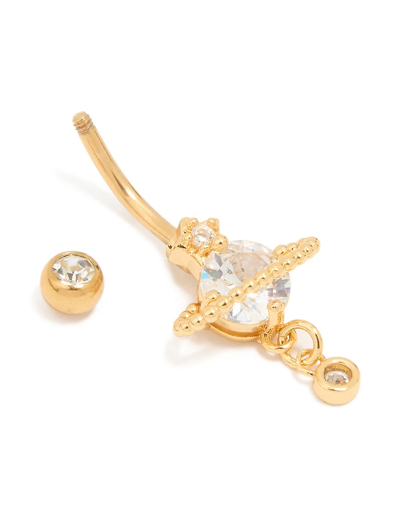 Gold Plated Titanium Cubic Zirconia Planet Belly Bar