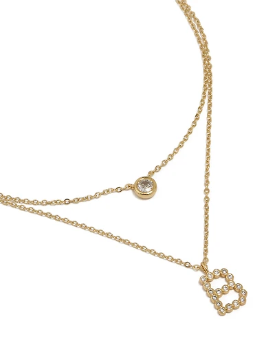 Gold Plated Cubic Zirconia Bezel Letter B Layered Necklace