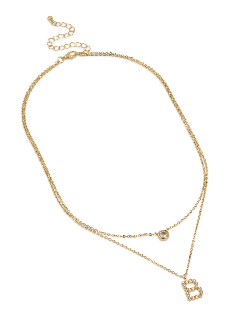 Gold Plated Cubic Zirconia Bezel Letter B Layered Necklace