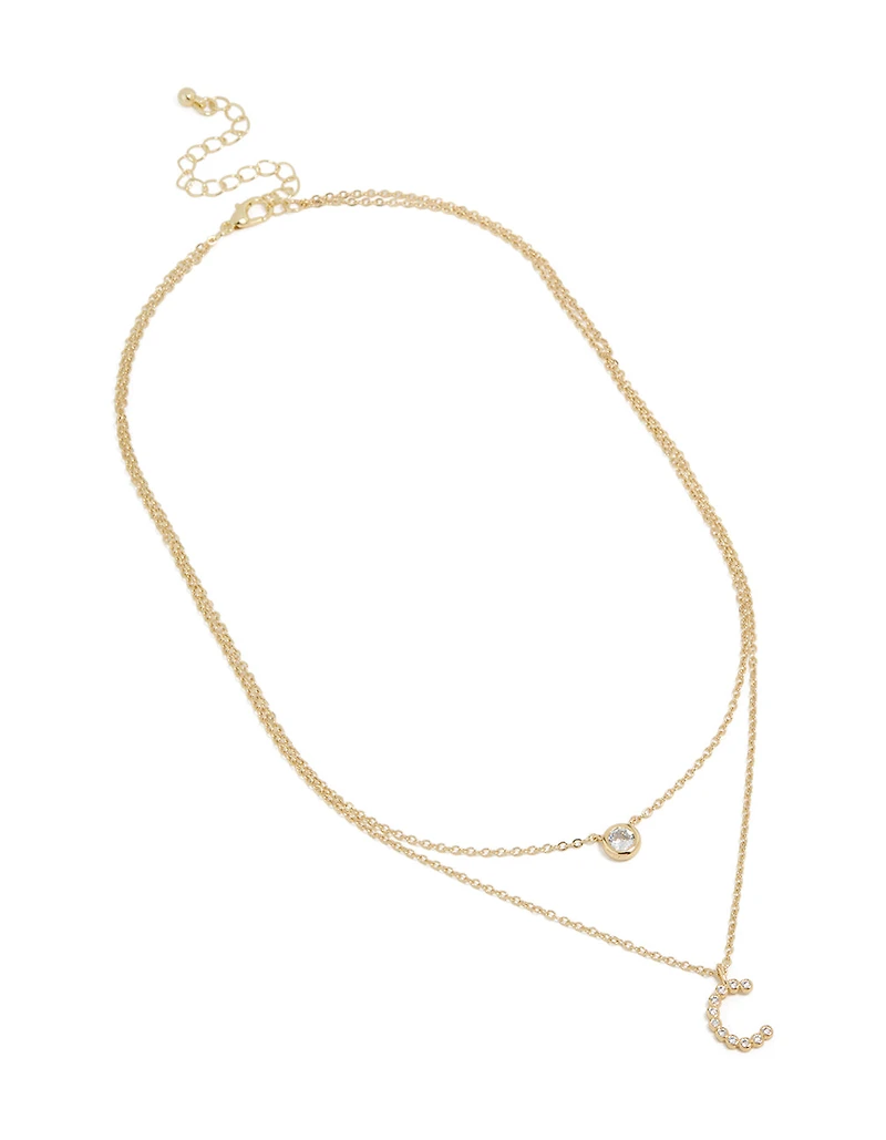 Gold Plated Cubic Zirconia Bezel Letter C Layered Necklace