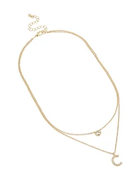 Gold Plated Cubic Zirconia Bezel Letter C Layered Necklace