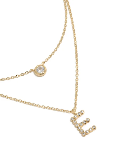 Gold Plated Cubic Zirconia Bezel Letter E Layered Necklace