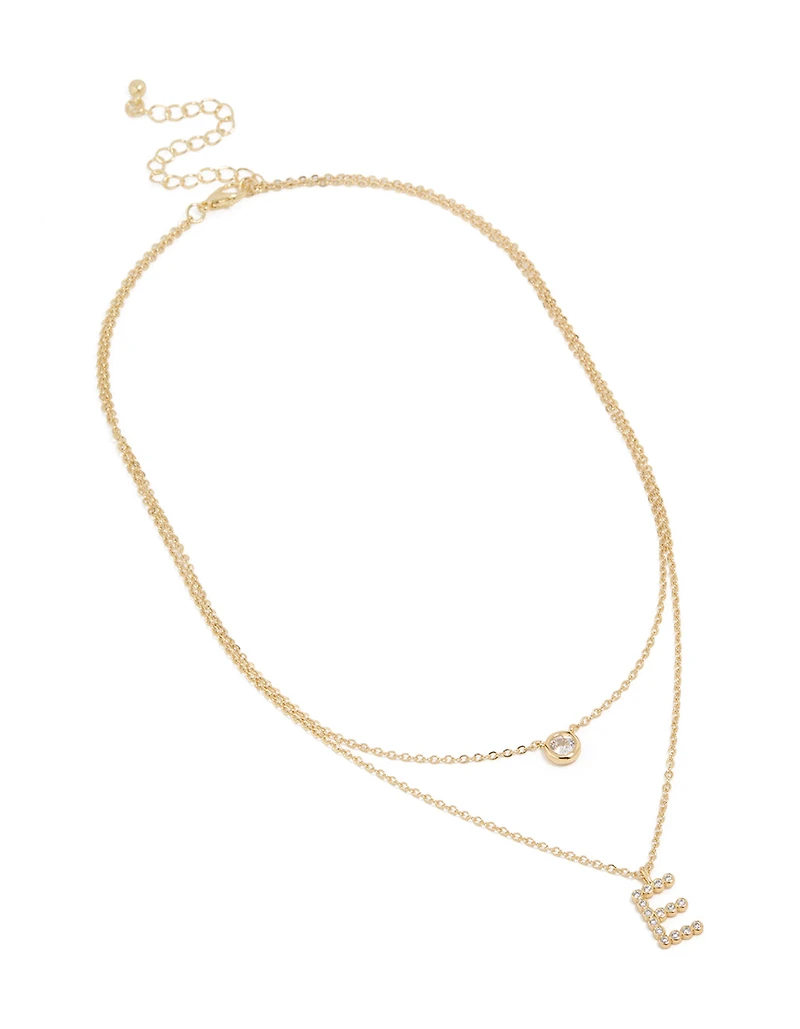 Gold Plated Cubic Zirconia Bezel Letter E Layered Necklace
