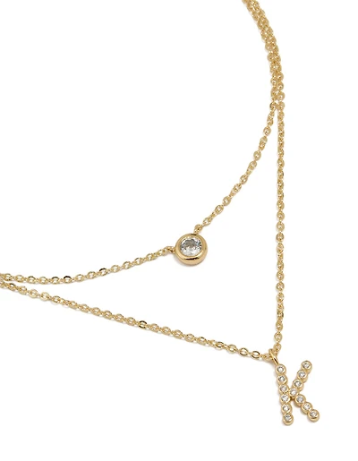 Gold Plated Cubic Zirconia Bezel Letter K Layered Necklace