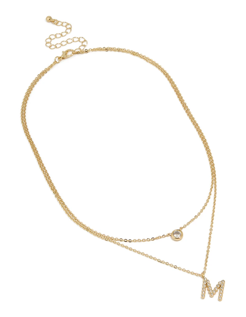 Gold Plated Cubic Zirconia Bezel Letter M Layered Necklace