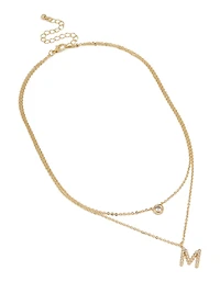 Gold Plated Cubic Zirconia Bezel Letter M Layered Necklace