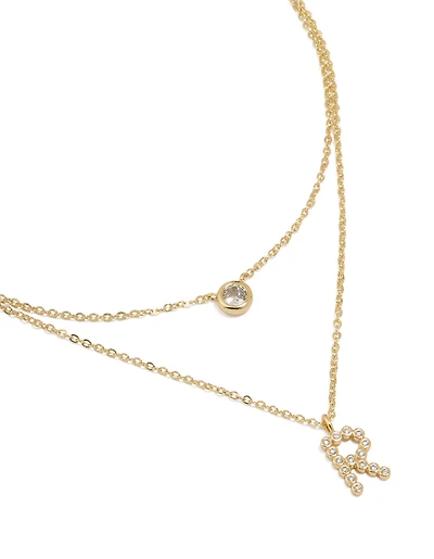 Gold Plated Cubic Zirconia Bezel Letter R Layered Necklace