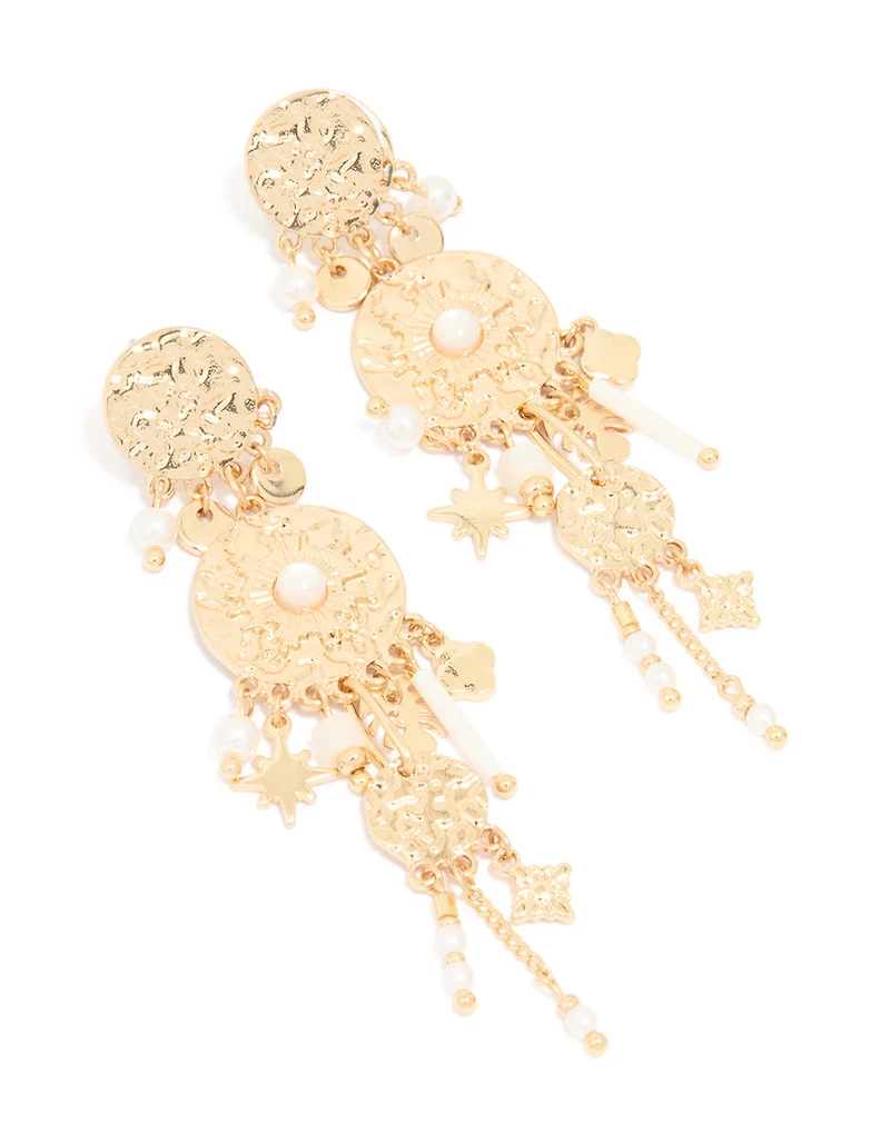Gold Textured Pearl Dangle Drop Earrings