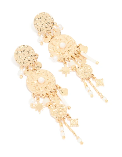 Gold Textured Pearl Dangle Drop Earrings